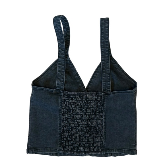 Black Denim Triangle Smocked Back Structured Silver Buttons Tank Top Large - Picture 2 of 7